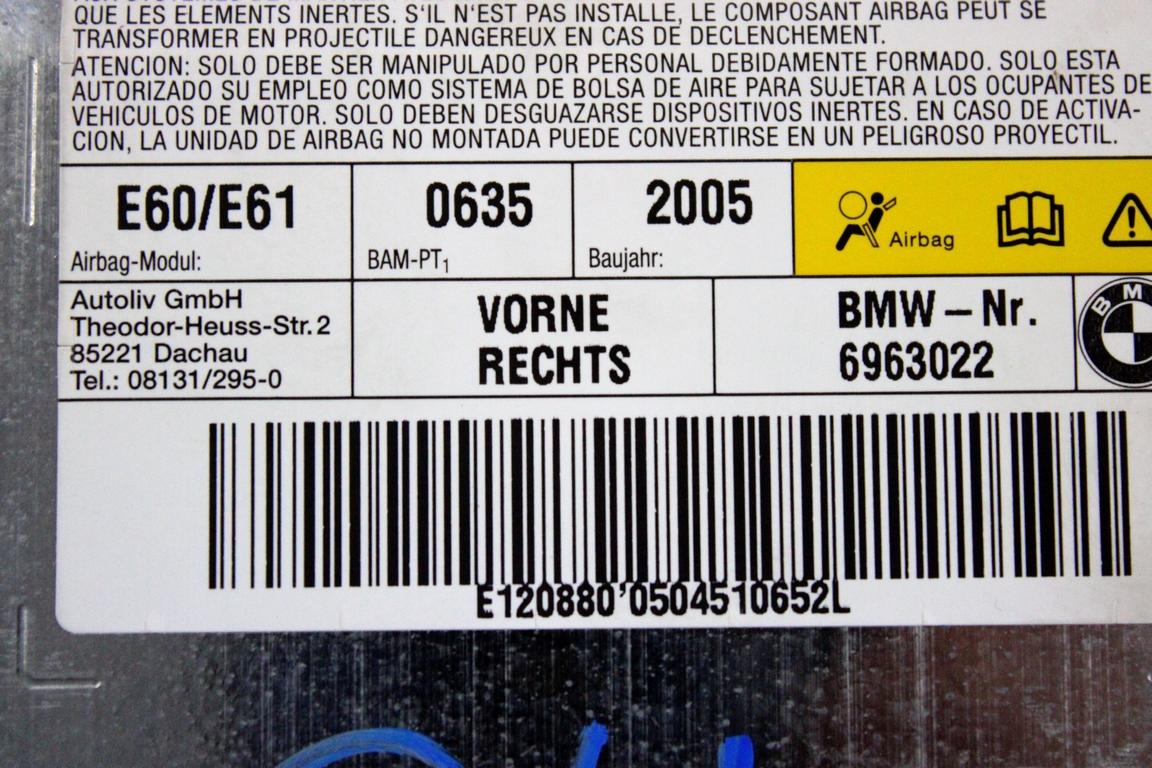 6963022 AIRBAG PORTA ANTERIORE DESTRA BMW SERIE 5 530 D E61 SW 3.0 D 160KW AUT 5P (2005) RICAMBIO USATO