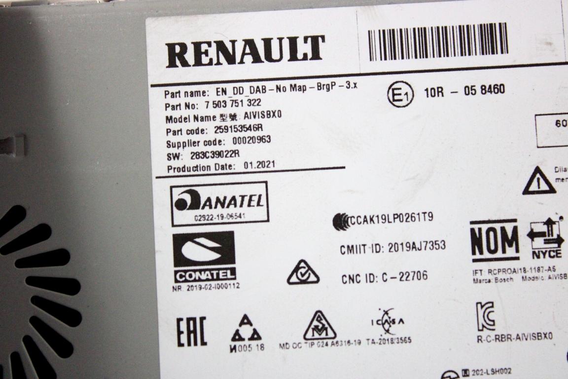 259153546R AUTORADIO CON SISTEMA DI NAVIGAZIONE SATELLITARE RENAULT CAPTUR 1.0 G 74KW 6M 5P (2021) RICAMBIO USATO (NON FORNIAMO CODICE AUTORADIO, MA SOLO NUMERO DI TELAIO VEICOLO)