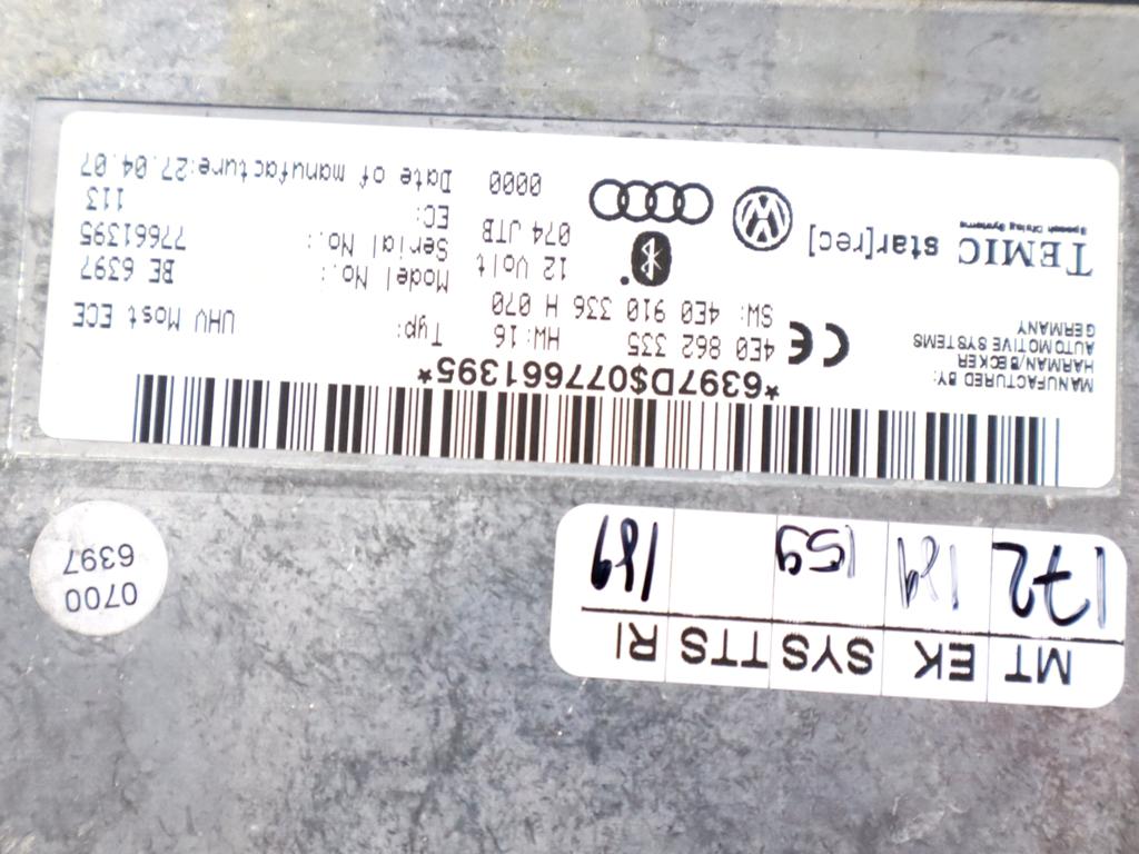 4E0862335 CENTRALINA MODULO TELEFONO BLUETOOTH AUDI A6 SW 3.0 D 4X4 171KW AUT 5P (2007) RICAMBIO USATO