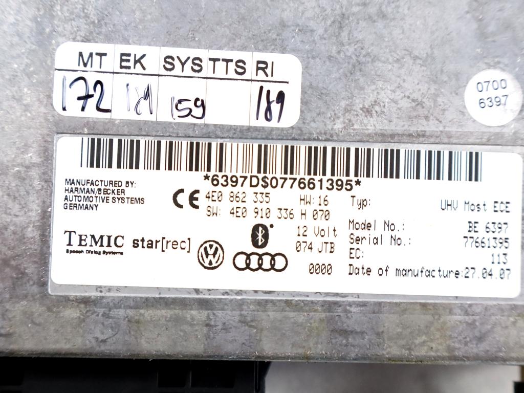 4E0862335 CENTRALINA MODULO TELEFONO BLUETOOTH AUDI A6 SW 3.0 D 4X4 171KW AUT 5P (2007) RICAMBIO USATO