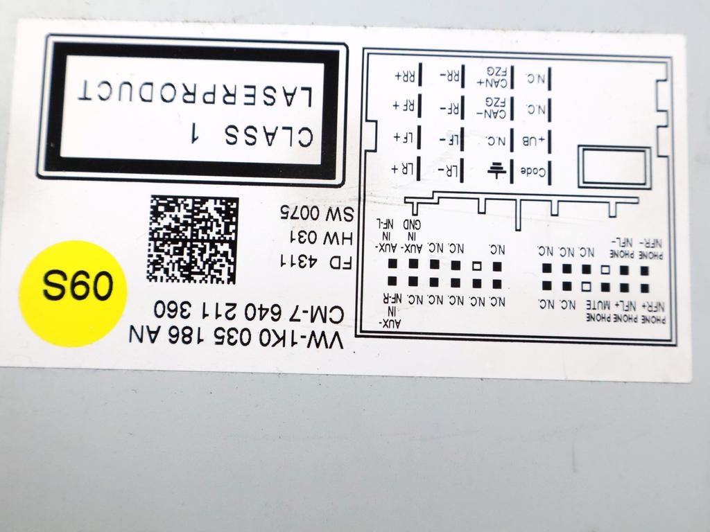 1K0035186AN AUTORADIO VOLKSWAGEN MAGGIOLINO 1.4 B 118KW 6M 3P (2014) RICAMBIO USATO (NON FORNIAMO CODICE AUTORADIO, MA SOLO NUMERO DI TELAIO VEICOLO)