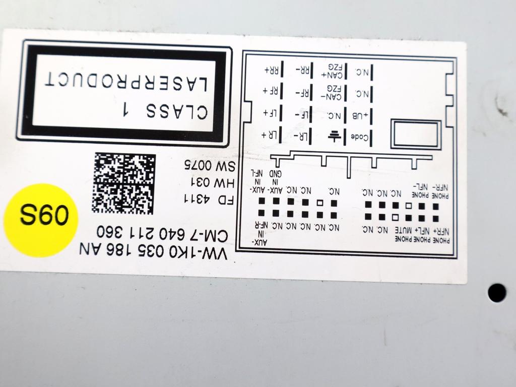 1K0035186AN AUTORADIO VOLKSWAGEN MAGGIOLINO 1.4 B 118KW 6M 3P (2014) RICAMBIO USATO (NON FORNIAMO CODICE AUTORADIO, MA SOLO NUMERO DI TELAIO VEICOLO)