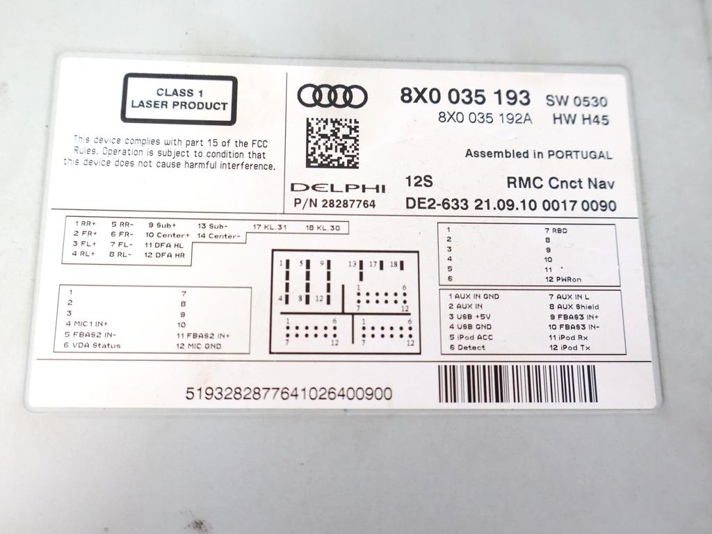 8X0035193 AUTORADIO CON SISTEMA DI NAVIGAZIONE SATELLITARE AUDI A1 1.4 B 90KW AUT 3P (2011) RICAMBIO USATO PARTE POSTERIORE MANCANTE