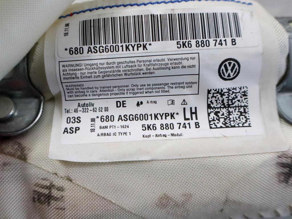 5K6880741B AIRBAG LATERALE A TENDINA LATO SINISTRO VOLKSWAGEN GOLF 6 1.4 B 59KW 5M 5P (2008) RICAMBIO USATO