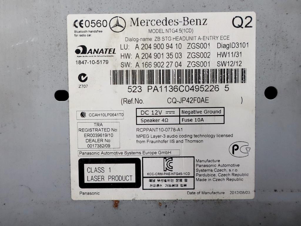 A2049009410 AUTORADIO CON SISTEMA DI NAVIGAZIONE SATELLITARE MERCEDES CLASSE C 200 SW W204 2.2 D 100KW AUT 5P (2012) RICAMBIO USATO