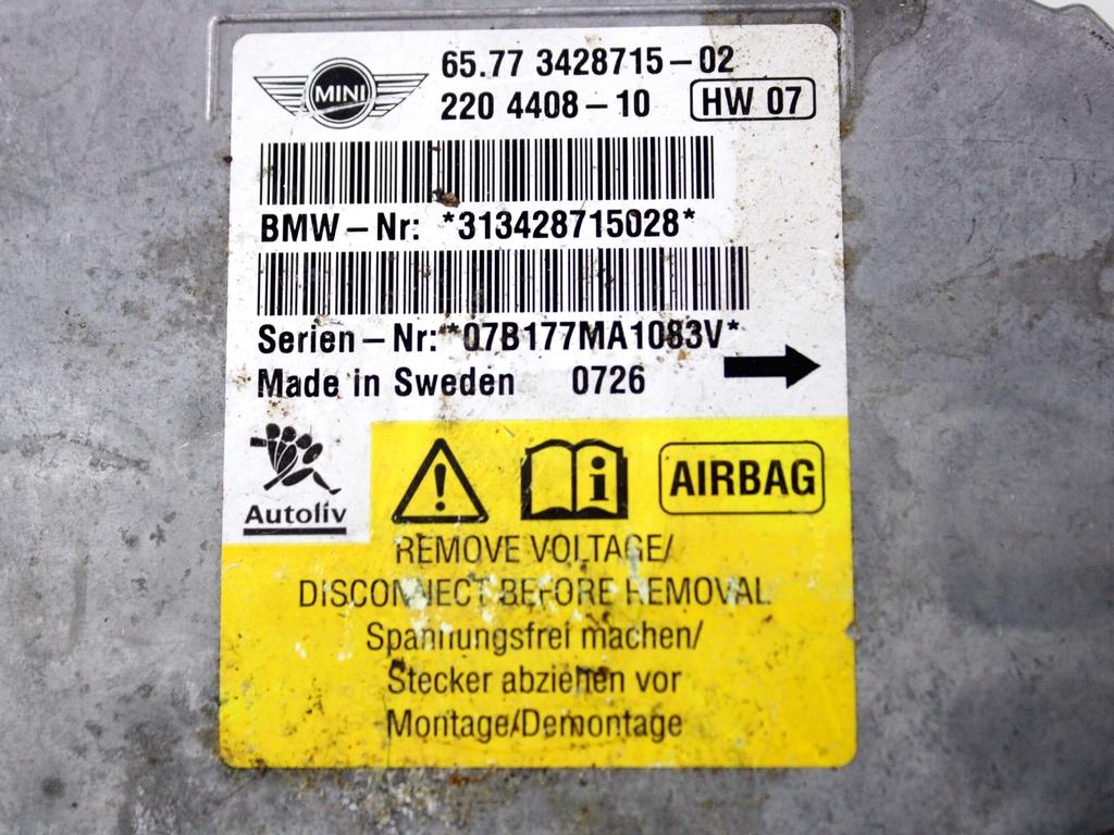 65773428715 KIT AIRBAG MINI ONE R56 1.4 B 70KW 3P (2007) RICAMBIO USATO TRASPARENTE DANNEGGIATO CON CENTRALINA AIRBAG, AIRBAG PASSEGGERO, AIRBAG VOLANTE 2755735 2757665