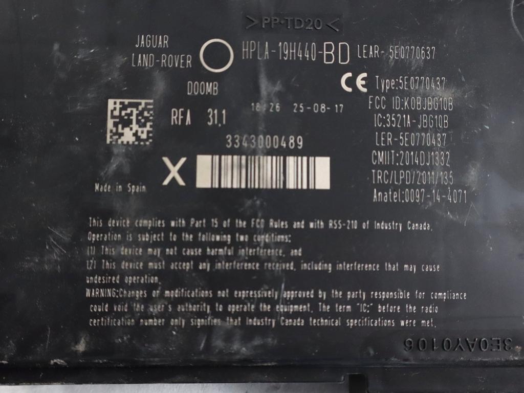 HPLA-19H440-BD CENTRALINA ANTENNA RICEVITORE TELECOMANDO KEYLESS RANGE ROVER VELAR 2.0 D 177KW AUT 5P 4X4 (2017) RICAMBIO USATO