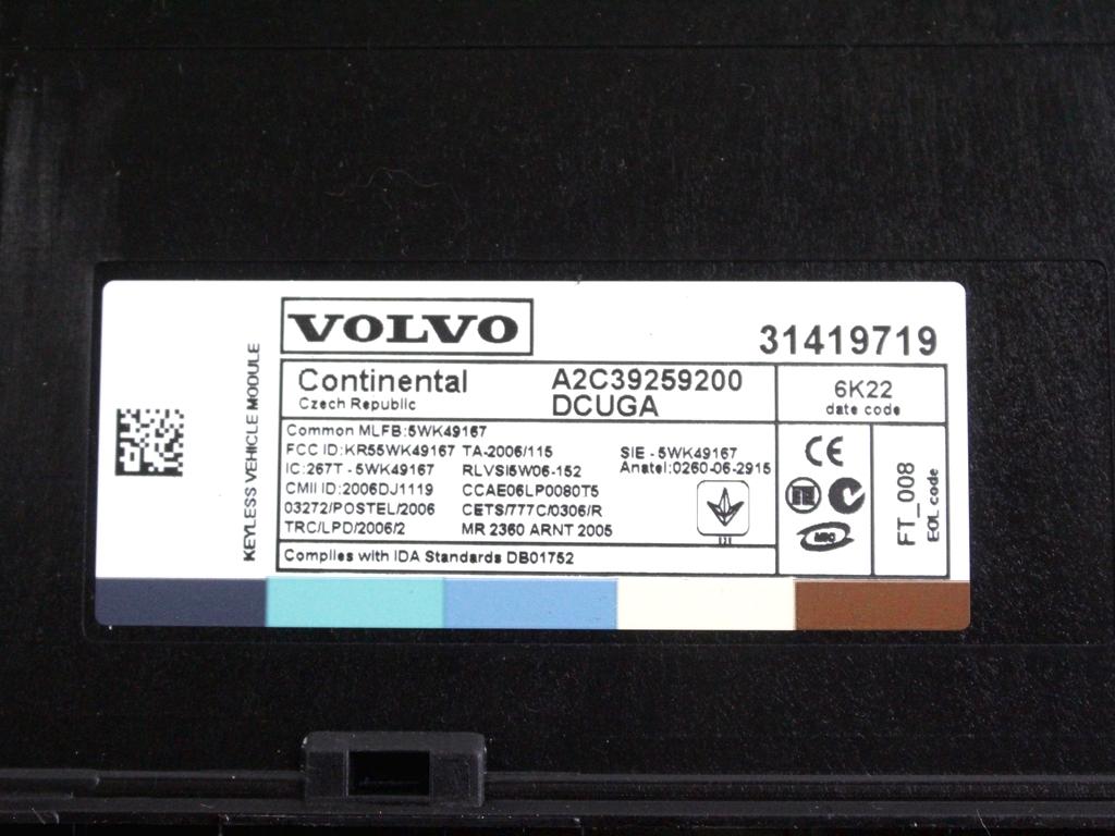 31419719 CENTRALINA ANTENNA RICEVITORE TELECOMANDO KEYLESS VOLVO XC60 2.0 D RHD 140KW AUT 5P (2017) RICAMBIO USATO