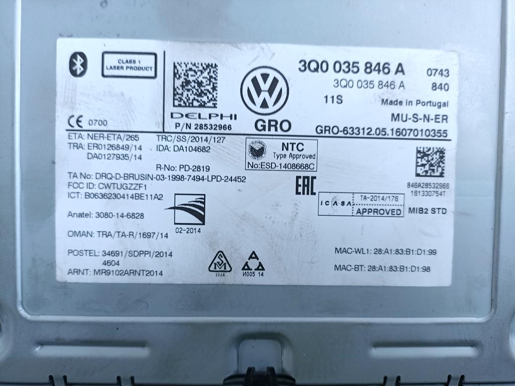 3Q0035846A CENTRALINA MULTIMEDIALE SISTEMA DI NAVIGAZIONE SATELLITARE VOLKSWAGEN TIGUAN 2.0 D 4X4 110KW 6M 5P (2016) RICAMBIO USATO