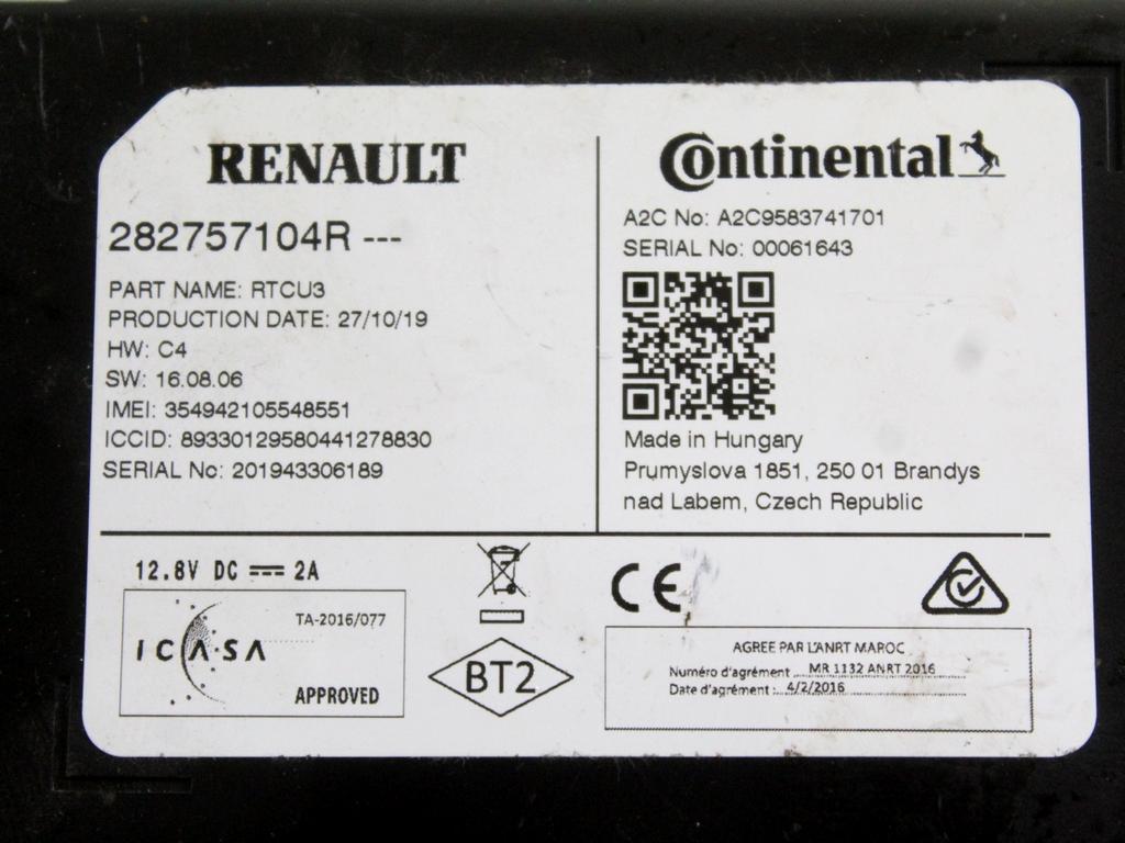 282757104R CENTRALINA GPS MODULO NAVIGAZIONE SATELLITARE RENAULT KADJAR 1.7 D 4X4 110KW 6M 5P (2019) RICAMBIO USATO