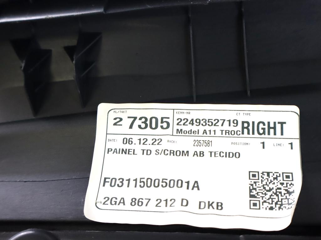 2GA867212 PANNELLO INTERNO PORTA POSTERIORE DESTRA CON RIVESTIMENTO IN PELLE VOLKSWAGEN T-ROC 1.0 B 81KW 6M 5P (2023) RICAMBIO USATO