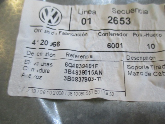 MEHANIZEM ZA ZADNJA VRATA  OEM N. 6Q4839401F ORIGINAL REZERVNI DEL VOLKSWAGEN POLO 9N R (2005 - 10/2009) BENZINA LETNIK 2009