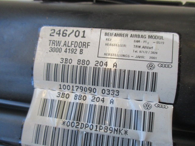 KIT AIRBAG KOMPLET OEM N.  ORIGINAL REZERVNI DEL VOLKSWAGEN PASSAT B5.5 3B3 3B6 3BG R BER/SW (11/2000 - 2005) DIESEL LETNIK 2001